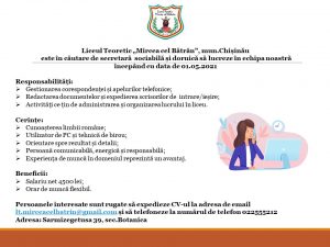 AVIZ!!! Liceul Teoretic „Mircea cel Bătrân” este în căutare de secretară sociabilă și darnică să lucreze în echipa noastră.